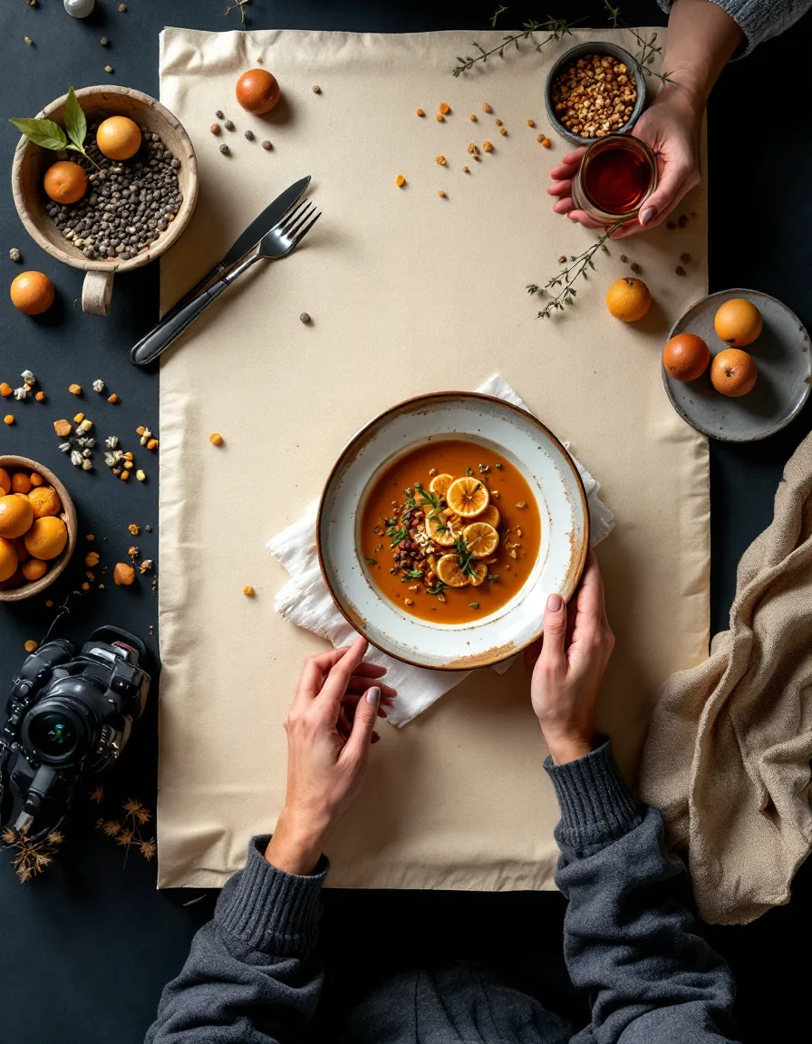 A food photography set being styled on the studio table under directional light, laptop tethered beside the seamless backdrop